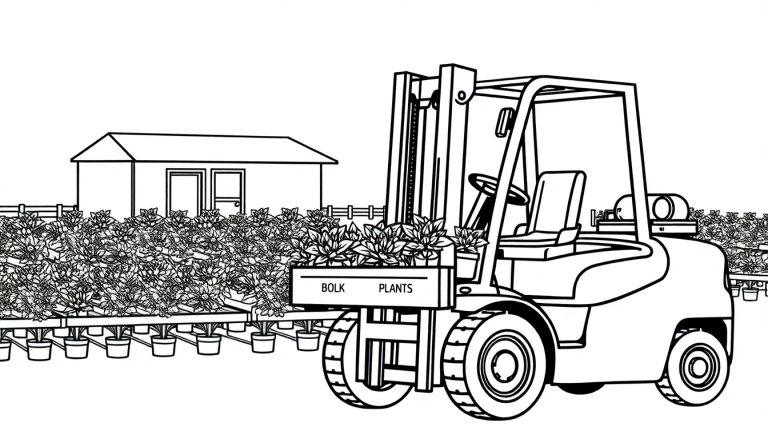 Kleurplaat van een tuinbouwomgeving met een vorkheftruck en plantenpotten, schematisch en zwart-wit.