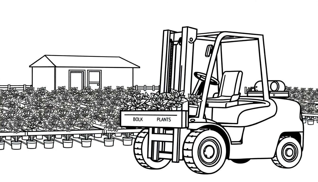 Kleurplaat van een tuinbouwomgeving met een vorkheftruck en plantenpotten, schematisch en zwart-wit.