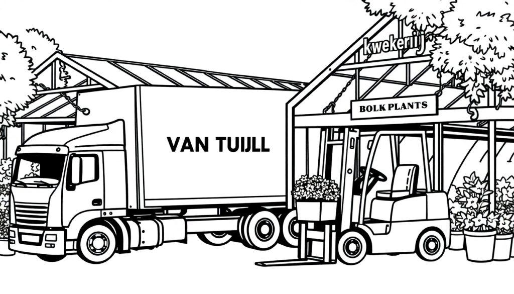 Kleurplaat van een kwekerij met een vrachtwagen, een heftruck met planten, een kas en bloemen, perfect voor kinderen om in te kleuren.