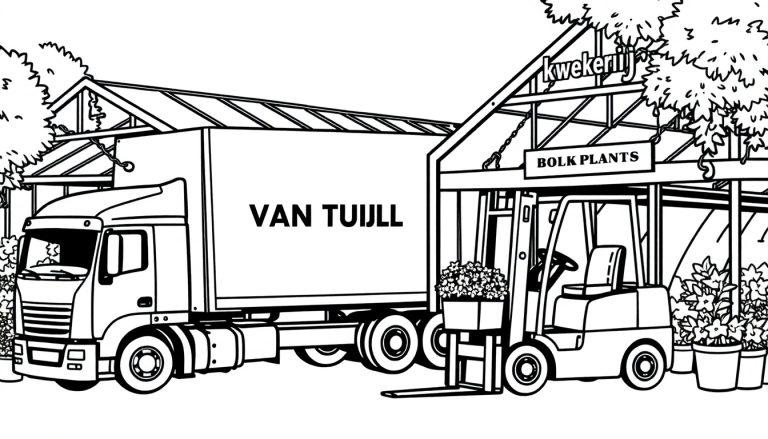 Kleurplaat van een kwekerij met een vrachtwagen, een heftruck met planten, een kas en bloemen, perfect voor kinderen om in te kleuren.