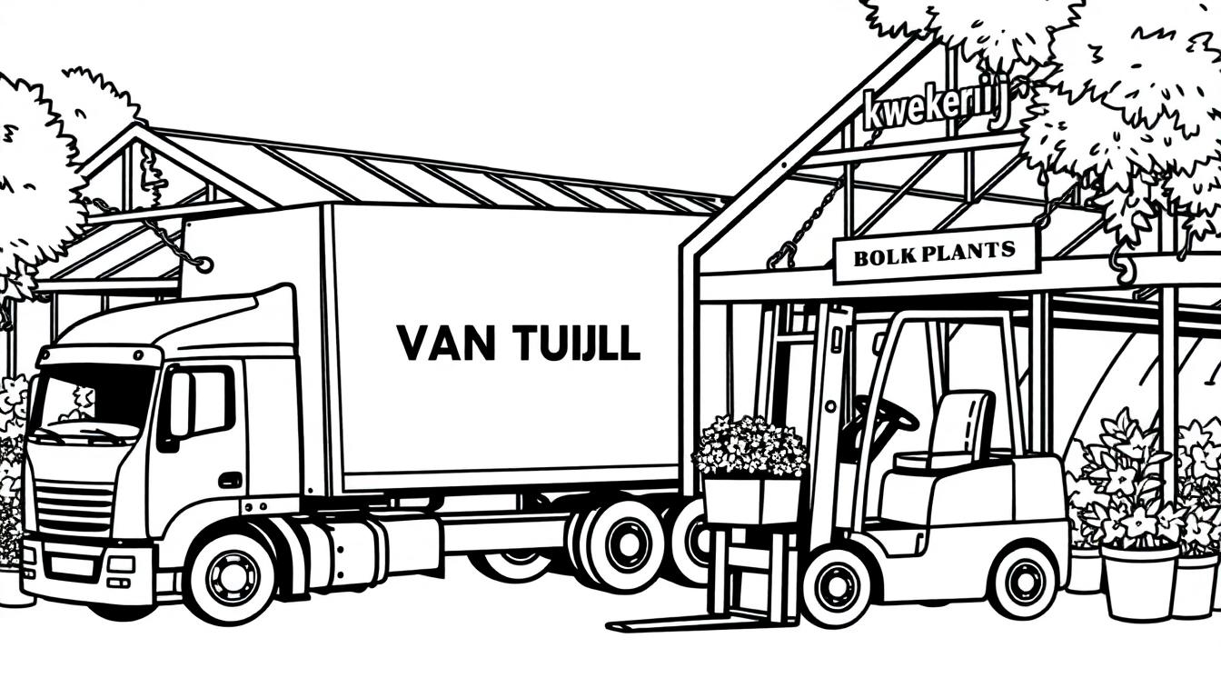 Kleurplaat van een kwekerij met een vrachtwagen, een heftruck met planten, een kas en bloemen, perfect voor kinderen om in te kleuren.
