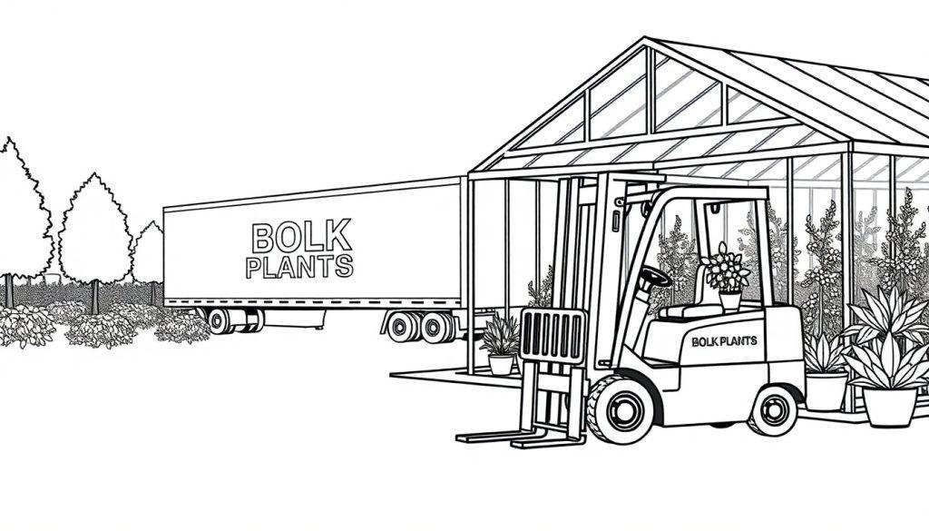 Kleurplaat van een kwekerij met een kas, een vorkheftruck, een vrachtwagen en veel planten, geschikt voor kinderen.
