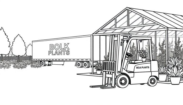 Kleurplaat van een kwekerij met een kas, een vorkheftruck, een vrachtwagen en veel planten, geschikt voor kinderen.