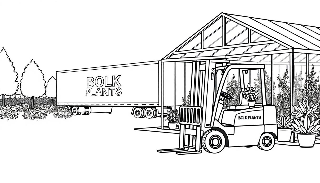 Kleurplaat van een kwekerij met een kas, een vorkheftruck, een vrachtwagen en veel planten, geschikt voor kinderen.