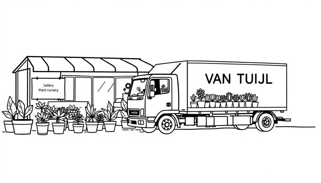 Kleurplaat van een kwekerij met een kas, planten en een vrachtwagen voor plantenlevering.