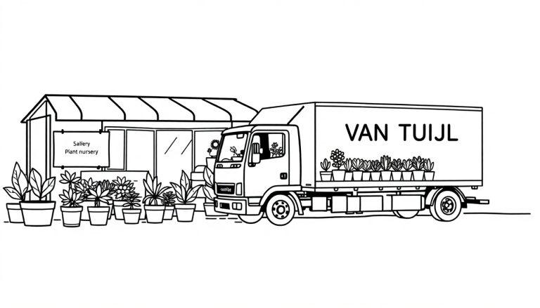 Kleurplaat van een kwekerij met een kas, planten en een vrachtwagen voor plantenlevering.