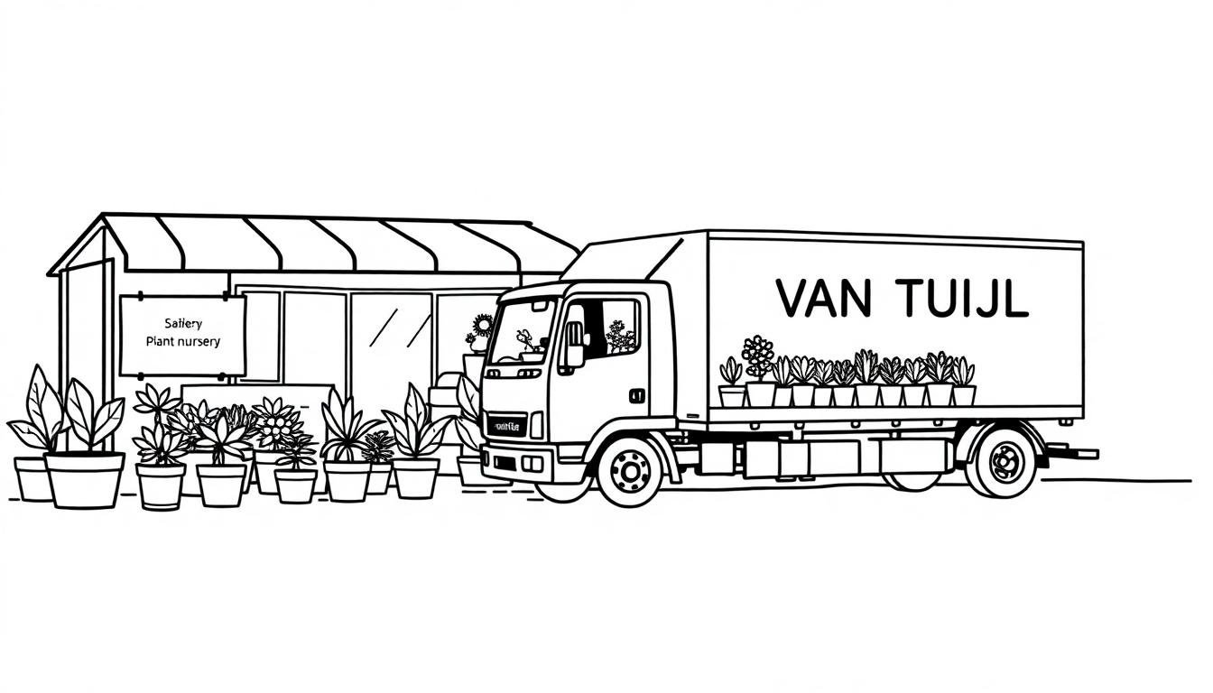 Kleurplaat van een kwekerij met een kas, planten en een vrachtwagen voor plantenlevering.