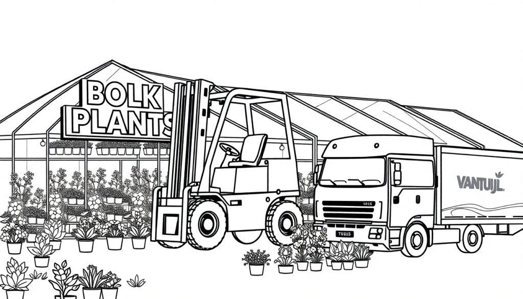 Kleurenplaat van een tuinbouwomgeving met een kas, planten in potten, een heftruck en een vrachtwagen met het logo Van Tuijl.