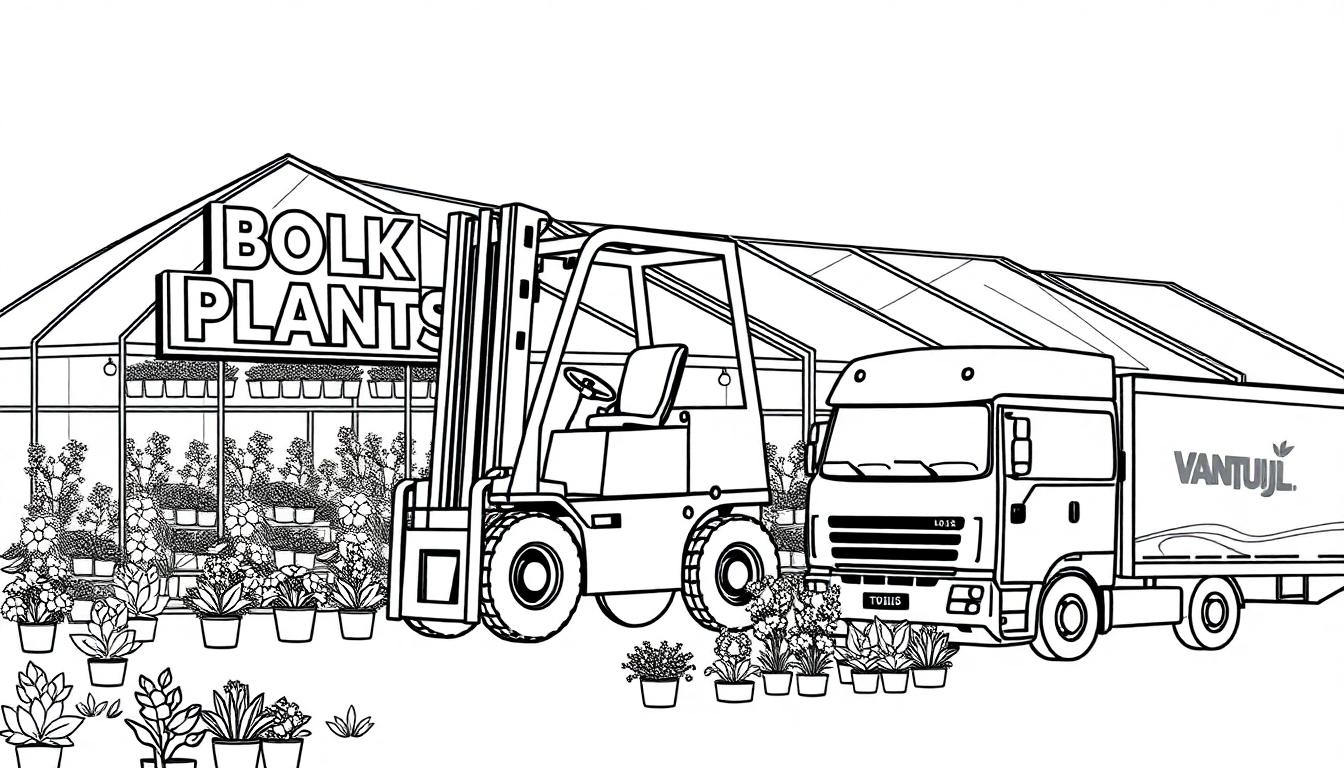 Kleurenplaat van een tuinbouwomgeving met een kas, planten in potten, een heftruck en een vrachtwagen met het logo Van Tuijl.