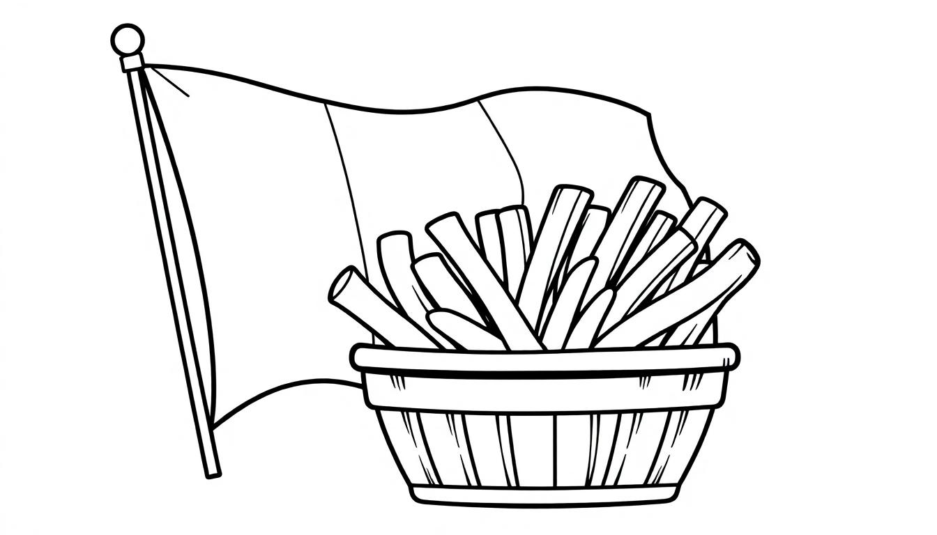 Kleurplaat van een mand met frieten en een Belgische vlag op een stok