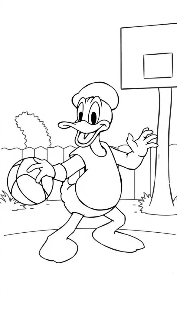 Kleurplaat van een cartoonachtige eend die basketball speelt terwijl hij een jersey draagt en dribbelt met een basketbal. Op de achtergrond staan een basketbalpaal, schutting, bomen en gras.