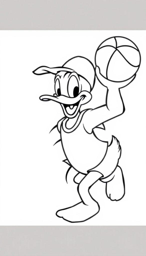 Kleurplaat van een sportieve eend in basketbalkleding die een basketbal omhoog houdt, klaar om te spelen.