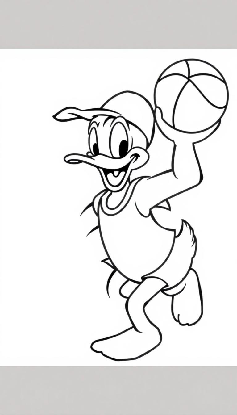Kleurplaat van een sportieve eend in basketbalkleding die een basketbal omhoog houdt, klaar om te spelen.