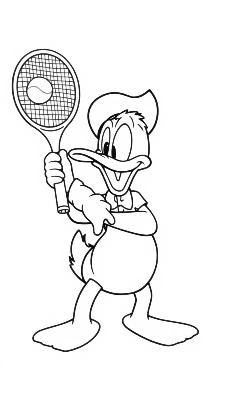 Kleurenplaat van een vrolijke, sportieve eend met hoed en strik, die een tennisracket vasthoudt. Op de achtergrond zweeft een tennisbal die net geslagen is.