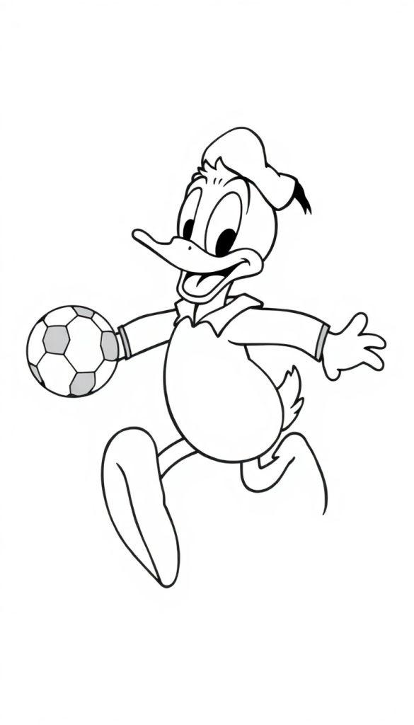 Kleurplaat van een vrolijke stokoude eend in zeemansoutfit die met een voetbal bezig is.