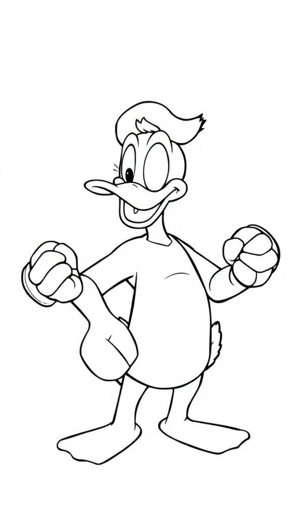 Kleurplaat van een vrolijke sportende eend met grote ogen en een brede lach.