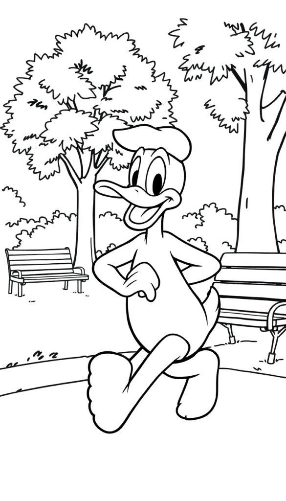 Een vrolijke cartoonachtige eend die wandelt in een park, klaar om ingekleurd te worden als kleurplaat.