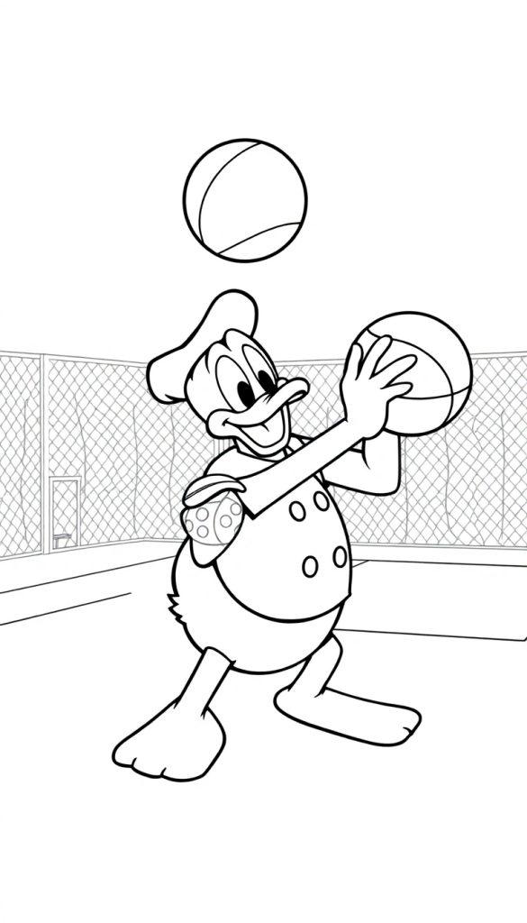 Kleurplaat van een sportieve eend die basketbal speelt, blij met een bal in zijn hand en een andere bal boven hem, op een sportveld met hek erachter.