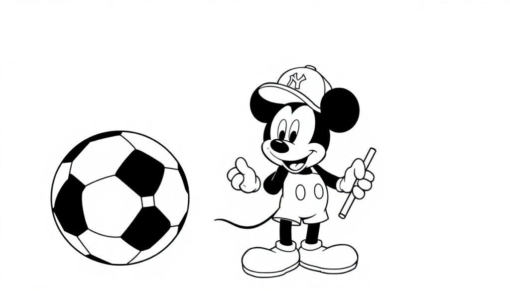 Kleurenplaat van een getekende muis met een NY-pet die een voetbal wijst en een krijtje vasthoudt.