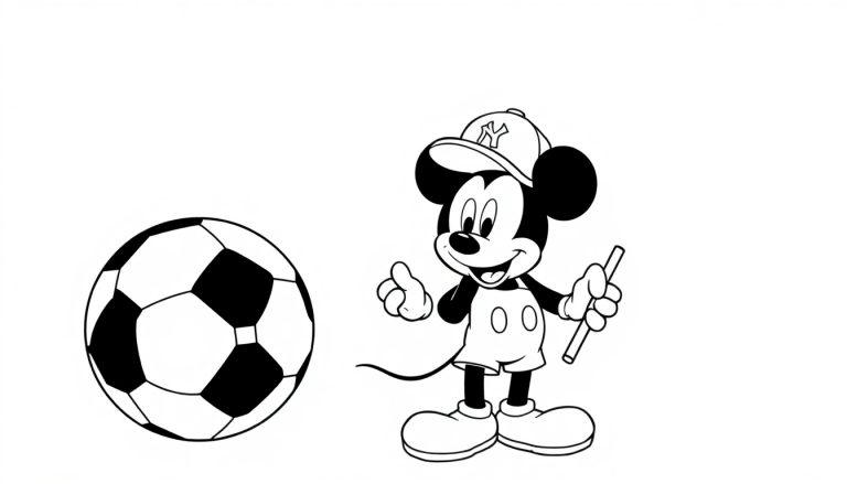 Kleurenplaat van een getekende muis met een NY-pet die een voetbal wijst en een krijtje vasthoudt.