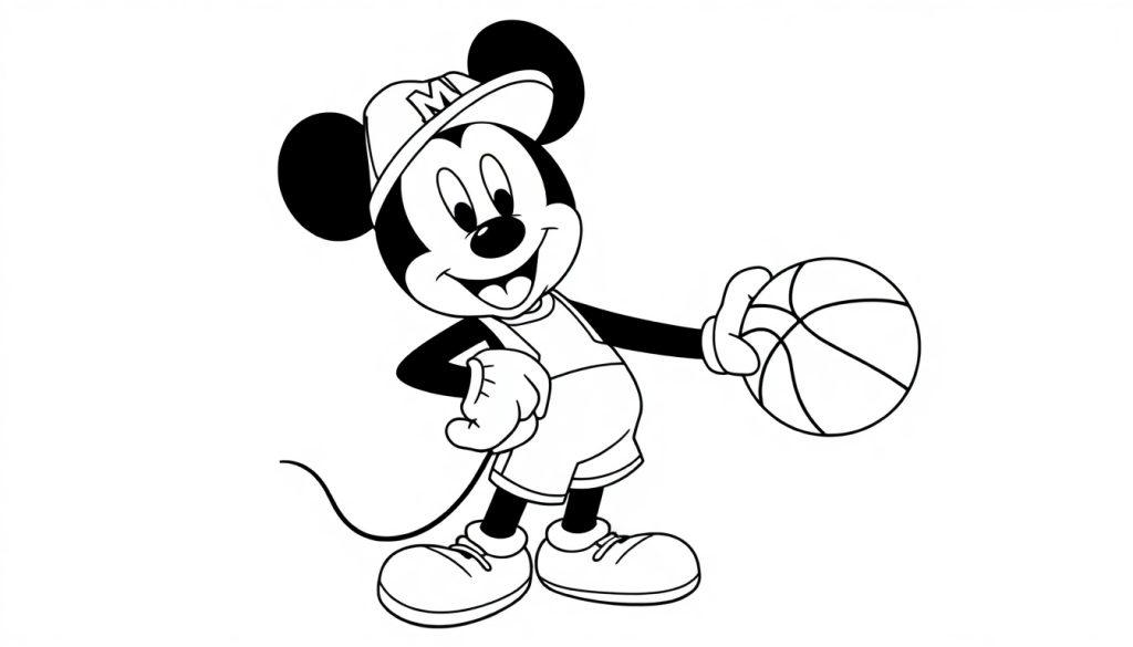 Kleurplaat van een vrolijke muis met basketbal, pet en sneakers klaar om te sporten