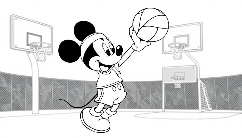 Kleurplaat van een sportieve muis die basketbalt met een basketbal in zijn hand op een basketbalveld, zwart-wit afbeelding.