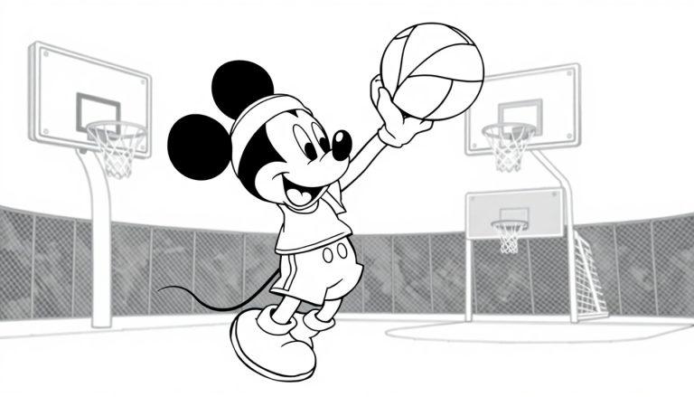 Kleurplaat van een sportieve muis die basketbalt met een basketbal in zijn hand op een basketbalveld, zwart-wit afbeelding.