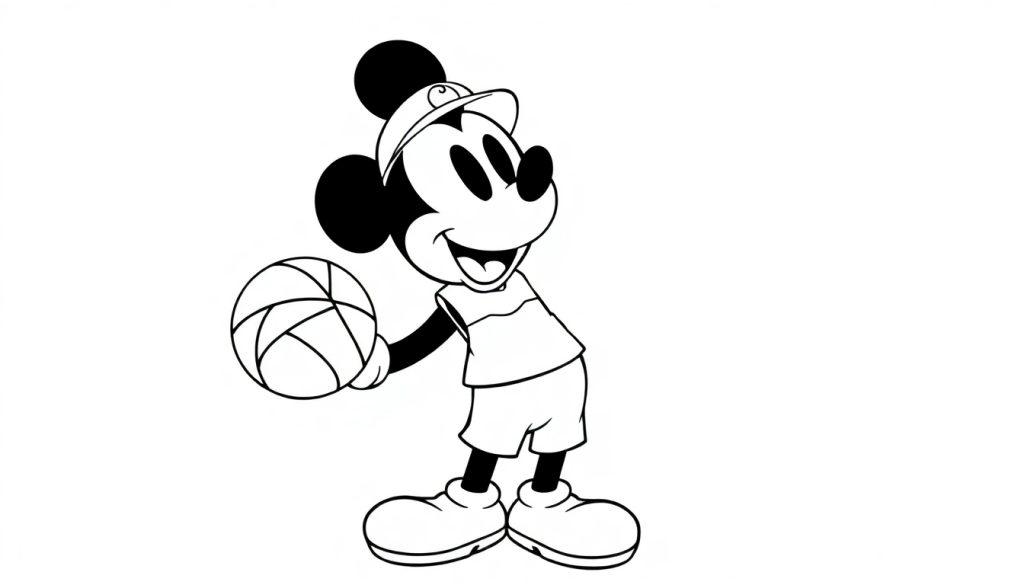 Kleurplaat van Mickey Mouse die sportief een basketbal vasthoudt en glimlacht
