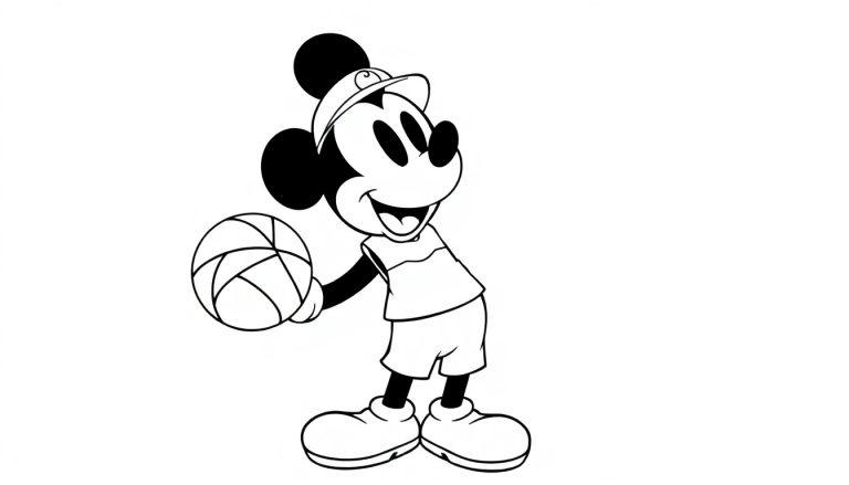 Kleurplaat van Mickey Mouse die sportief een basketbal vasthoudt en glimlacht