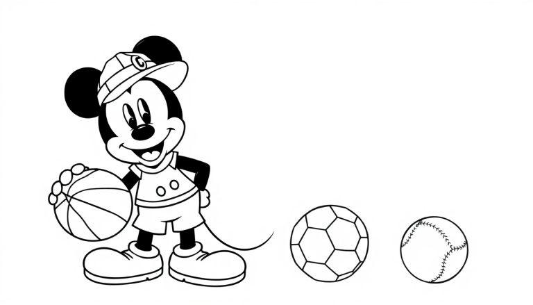 Kleurplaat van een sportieve muis in sportkleding, met een pet, die een basketbal vasthoudt, en twee andere ballen liggen ernaast. Geschikt om in te kleuren.