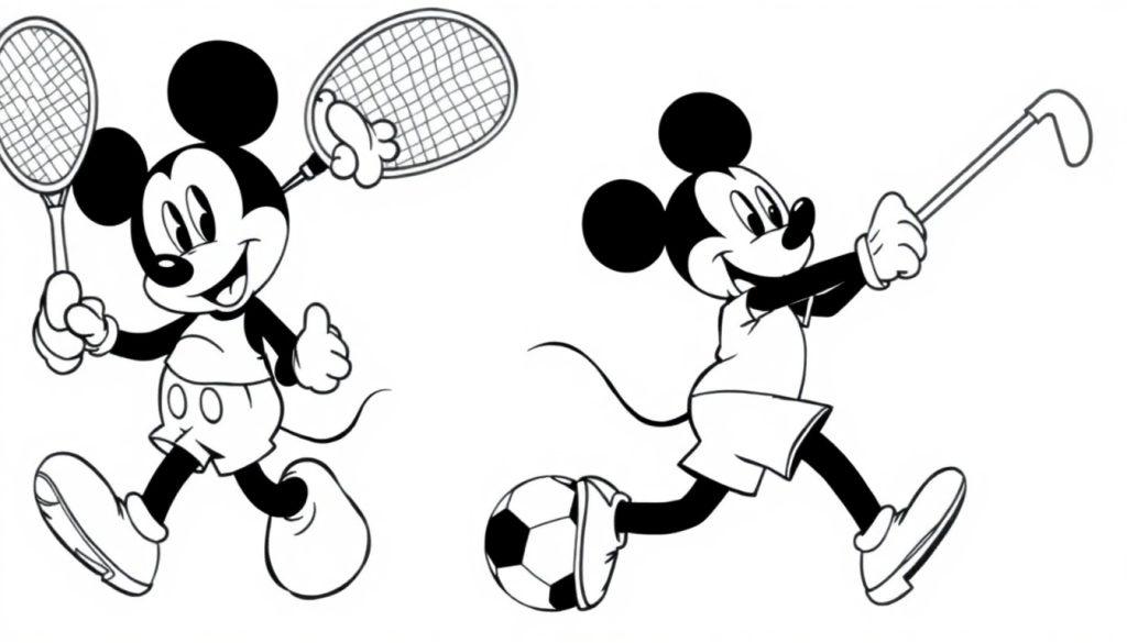 Kleurplaat van Mickey Mouse die sportief is, met een tennisracket in de ene afbeelding en een voetbal en golfclub in de andere.