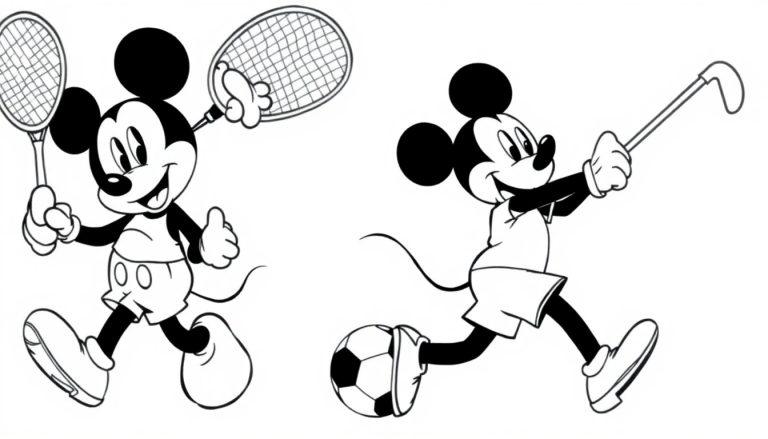 Kleurplaat van Mickey Mouse die sportief is, met een tennisracket in de ene afbeelding en een voetbal en golfclub in de andere.