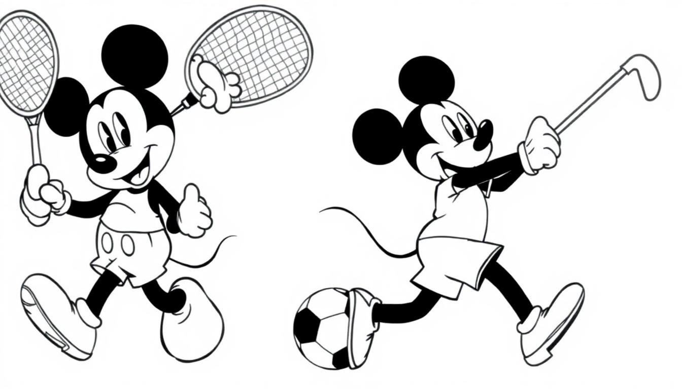 Kleurplaat van Mickey Mouse die sportief is, met een tennisracket in de ene afbeelding en een voetbal en golfclub in de andere.