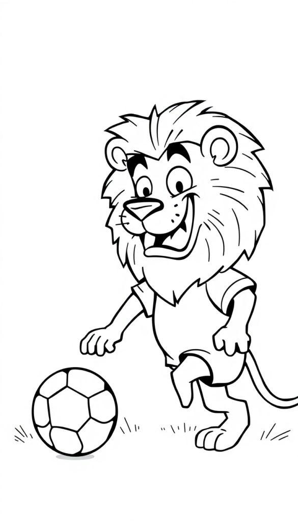 Kleurplaat van een lachende leeuw die met een voetbal speelt en klaar staat om te trappen, buiten op het gras.
