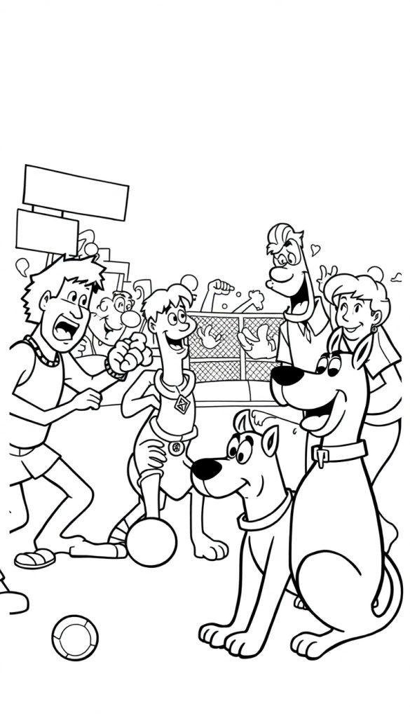 Zwart-wit kleurplaat van een vrolijke sportieve scène met mensen, honden en een bal, klaar om ingekleurd te worden.