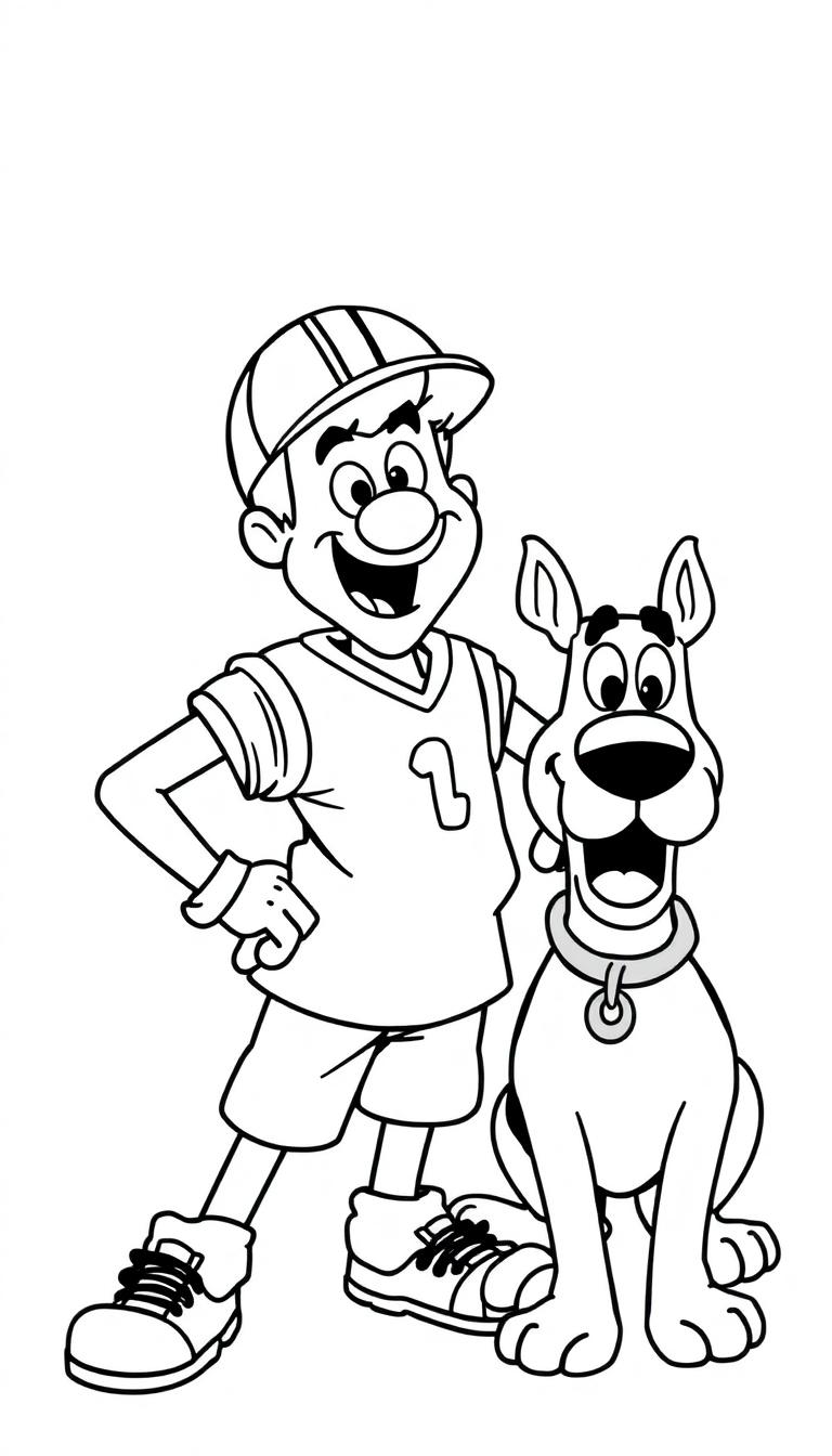 Kleurplaat van een lachende jongen met pet en sportshirt, samen met een grote hond die blij en energiek kijkt.