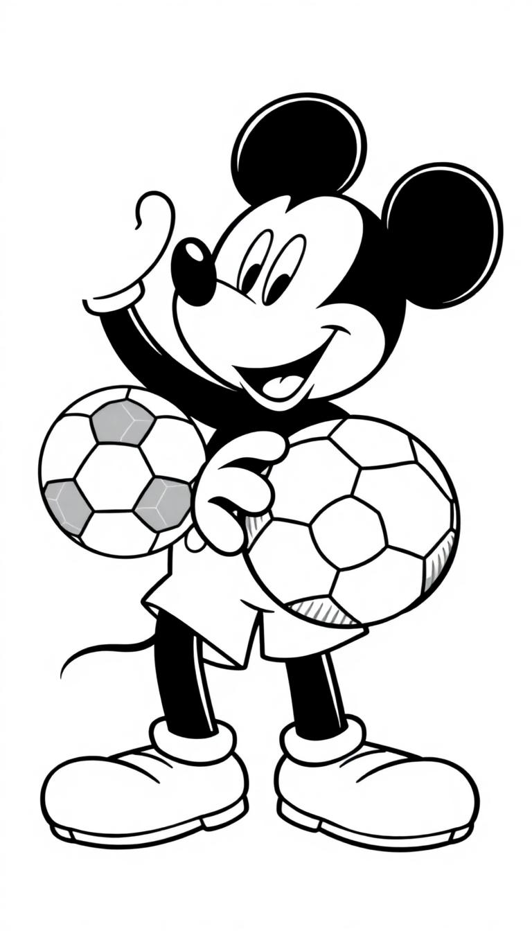 Kleurplaat van een vrolijk cartoonmuisje dat twee voetbalballen vasthoudt en zwaait, perfect voor een kindersportkleurplaat