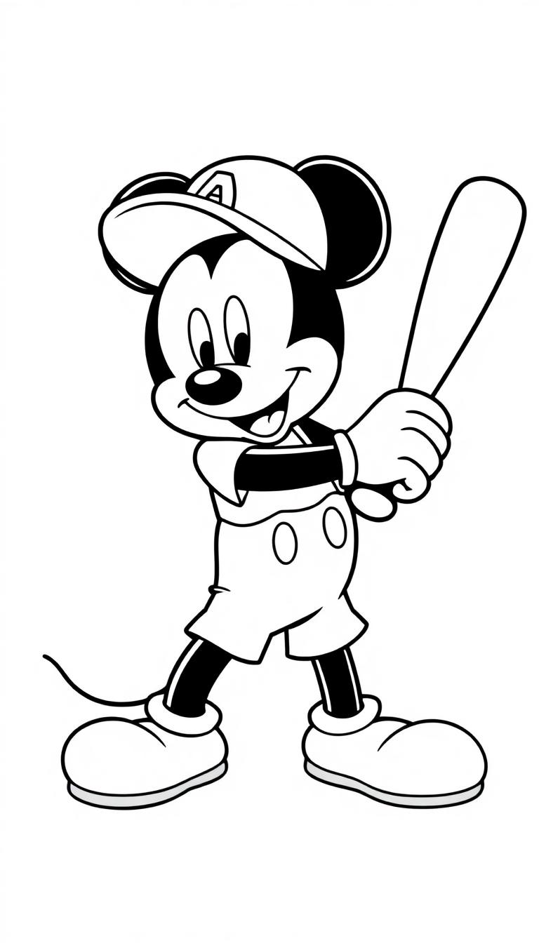 Kleurplaat van een cartoonmuismuis met baseballknuppel, pet, korte broek, handschoenen en schoenen, klaar om te slaan.