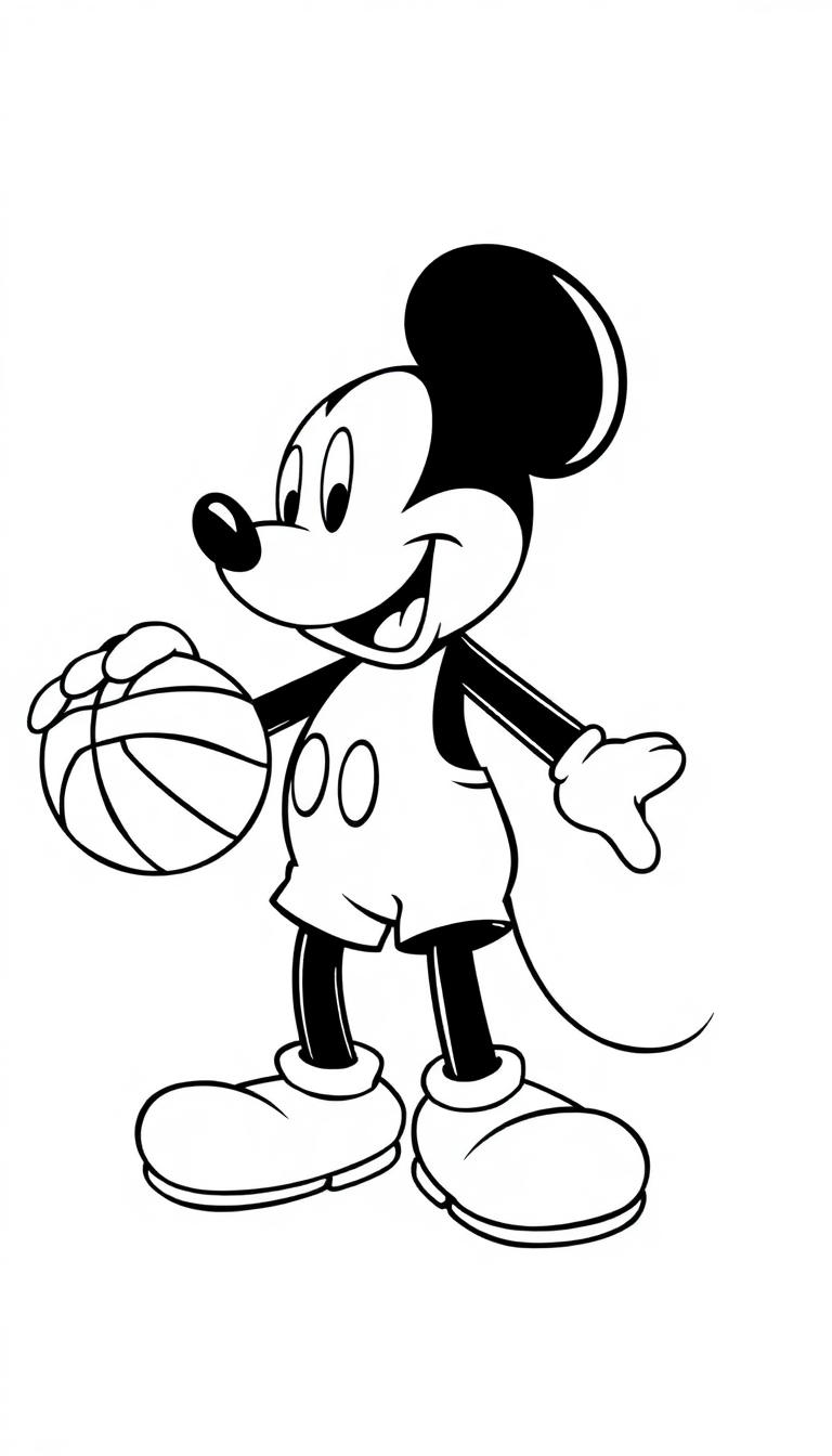 Zwart-witte kleurplaat van een cartoonmuis die basketball speelt, met grote oren en een vrolijke uitstraling.