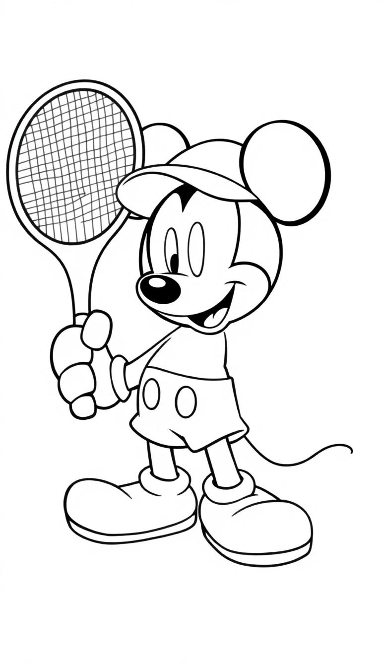 Een kleurplaat van een vrolijke muisachtige stripfiguur met pet, tennisracket, korte broek, schoenen en grote oren, klaar om te sporten.