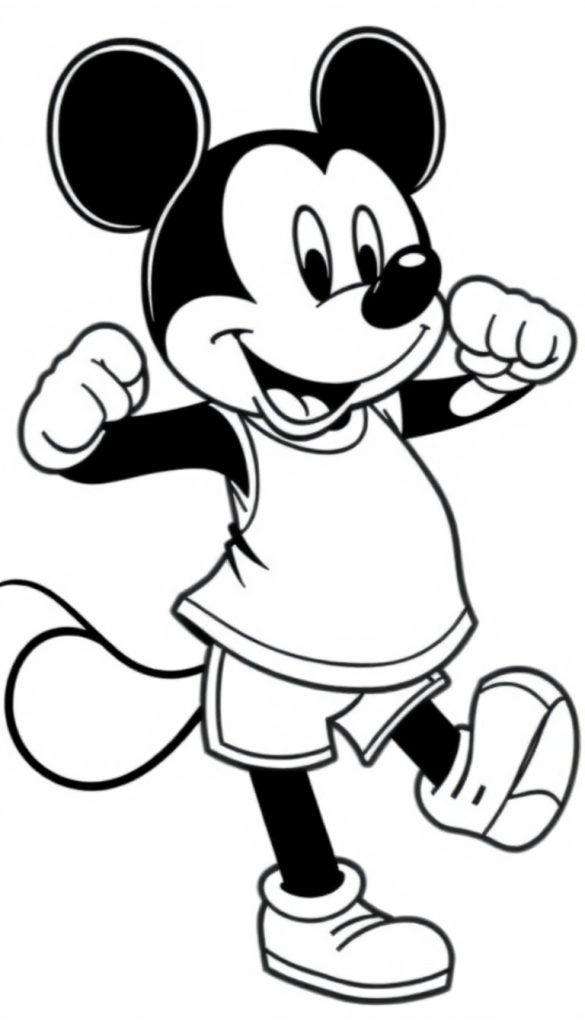 Kleurplaat van een vrolijk cartoonmuis in een sportoutfit met grote oren, klaar om te rennen.