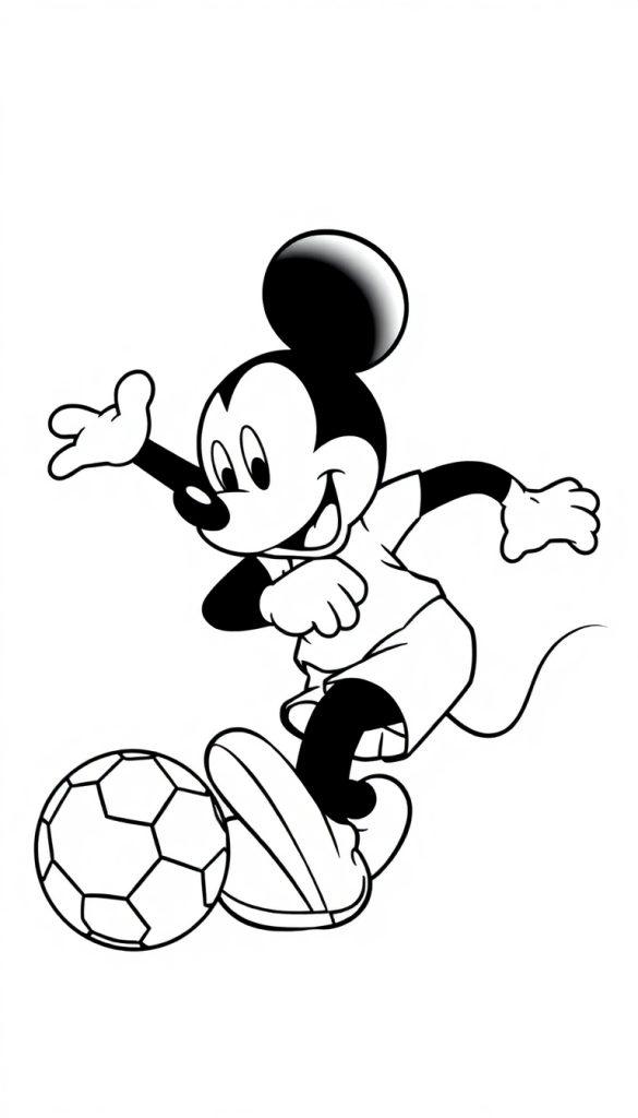 Kleurplaat van een vrolijke muis die voetbal speelt, met grote oren en sportieve kleding.