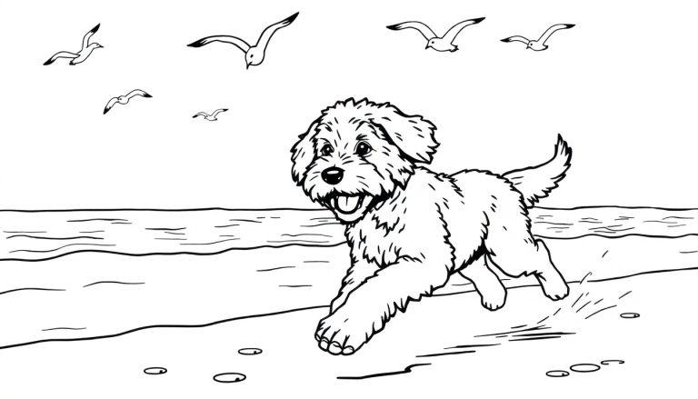 Kleurplaat van een vrolijke hond die over het strand rent, met de zee, golven en meeuwen op de achtergrond