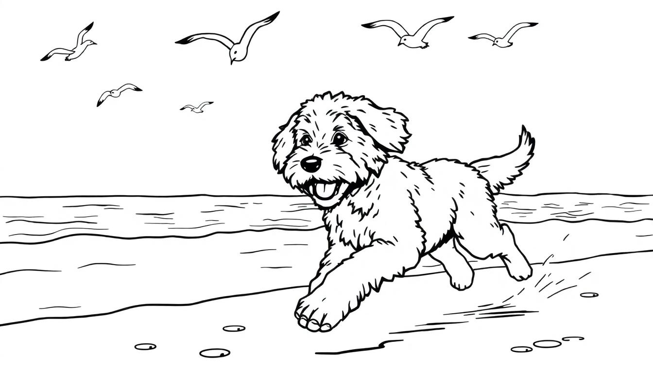 Kleurplaat van een vrolijke hond die over het strand rent, met de zee, golven en meeuwen op de achtergrond