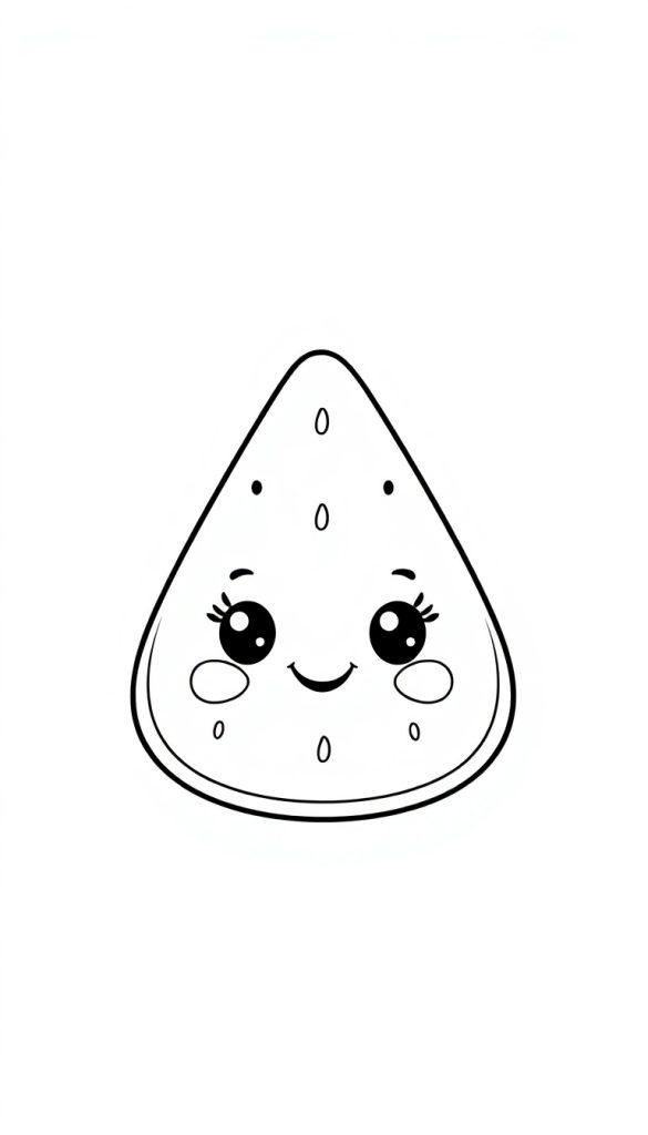 Een schattige zwart-wit kleurplaat van een watermeloen met gezicht, grote ogen, glimlach en watermeloenpitjes.