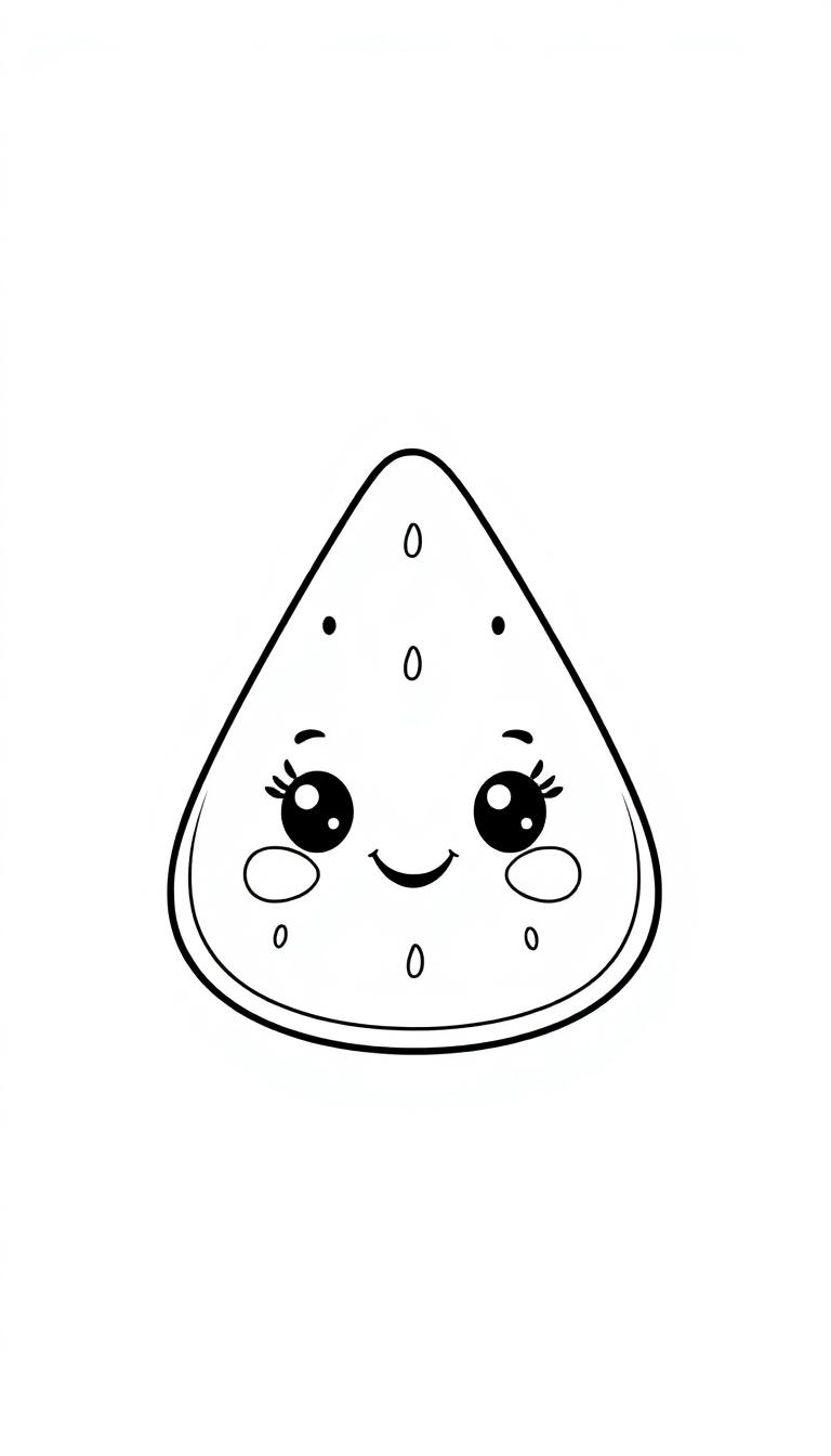 Een schattige zwart-wit kleurplaat van een watermeloen met gezicht, grote ogen, glimlach en watermeloenpitjes.