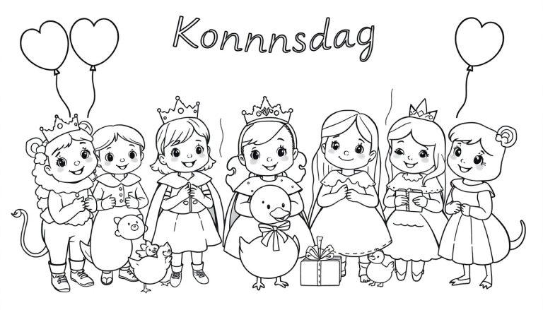 Kleurplaat van een vrolijke groep lachende kinderen in feestkleding met cadeaus, ballonnen, kuikens en een eend, ter gelegenheid van Koningsdag.