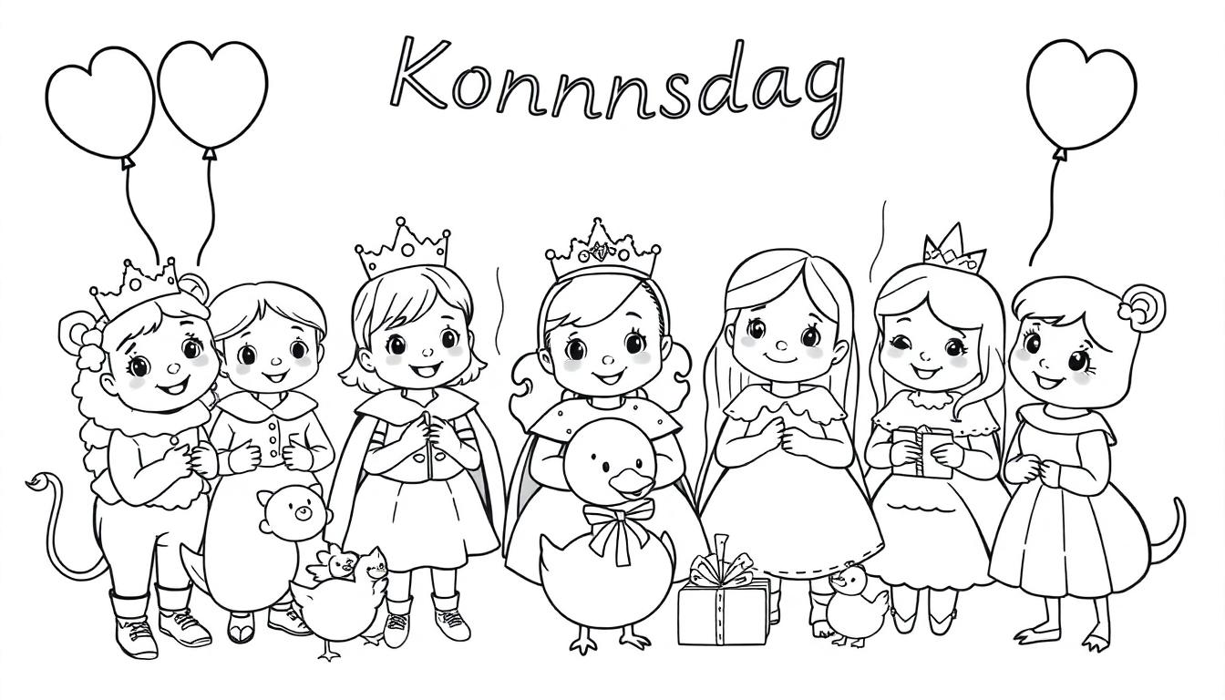 Kleurplaat van een vrolijke groep lachende kinderen in feestkleding met cadeaus, ballonnen, kuikens en een eend, ter gelegenheid van Koningsdag.