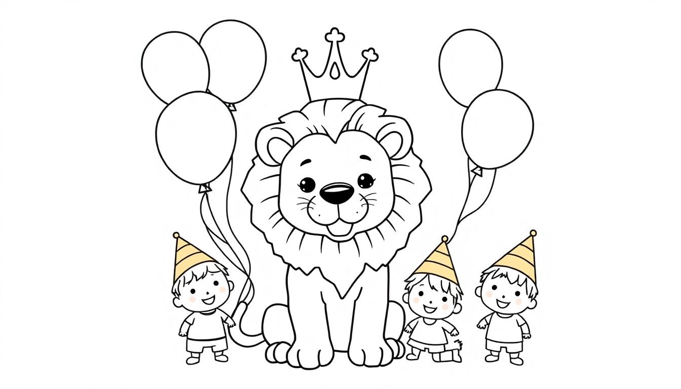 Kleurplaat van een leeuw met een kroon op zijn hoofd en twee vrolijke kinderen met feesthoedjes en ballonnen aan weerszijden, alles is feestelijk en kleurrijk.