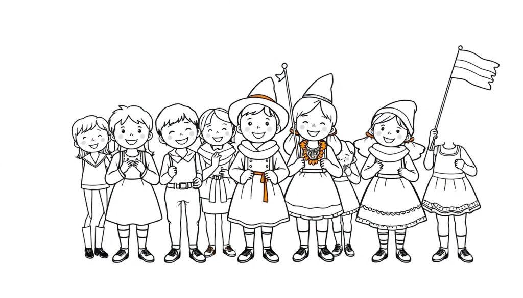 Kleurrijke kleurplaat van vrolijke kinderen in feestkleding die samen spelen en lachen.